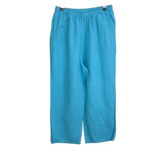 FLAX 100% Linen Cropped Wide Leg Pants, Blue, Womens Small, Pull On, Boho